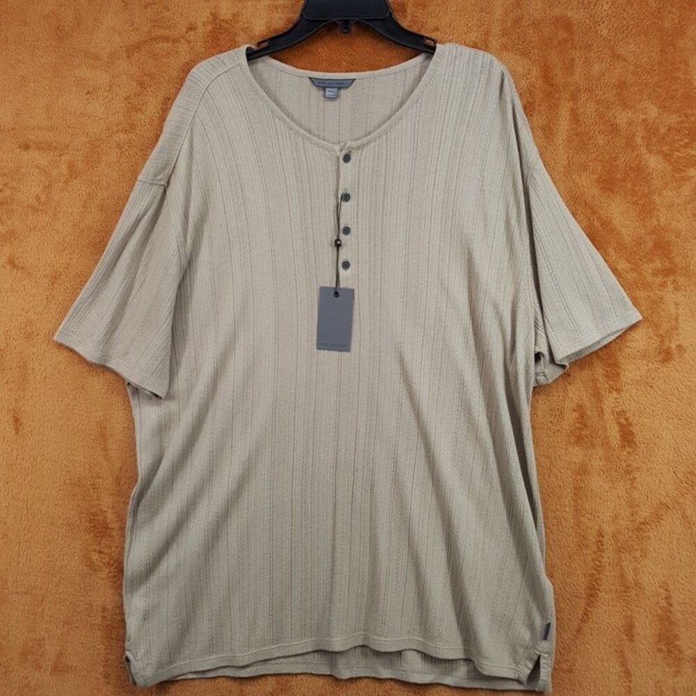 JOHN VARVATOS Shirt Mens XXL Tan Pullover Henley Short Sleeve Ribbed Knit CIEL - Picture 2 of 9